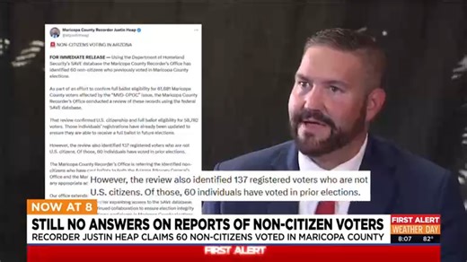 It's been two weeks since the Maricopa County Recorder dropped a bombshell, claiming he discovered 60 non-citizens who voted in local elections. Recorder, Justin Heap promised to forward those names to prosecutors. But tonight, they still don't have any information from him. Arizona's Family investigates has sent a demand letter to the recorder's office for that info. | Stephanie Duprey