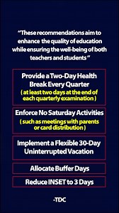 409K views · 2.2K reactions | LOOK: -Enforce No Saturday Activities ( such as meetings with parents or card distribution ) -Provide a Two-Day Health Break Every Quarter ( at least two days at the end of each quarterly examination ) -Allocate Buffer Days -Reduce INSET to 3 days -Implement a Flexible 30-day Uninterrupted Vacatiom TDC Proposals for School Year 2025-2026 #teachers #DepEd #guroforms | Guro Forms | Facebook
