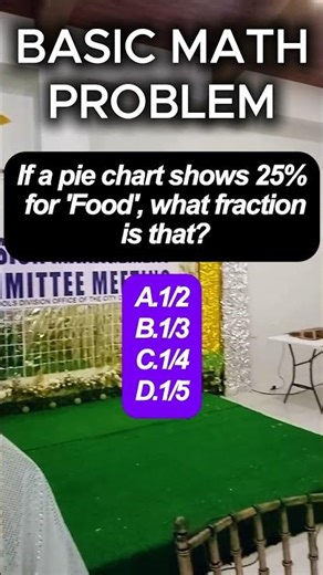 If a pie chart shows 25% for 'Food', what fraction is that?A.1/2B.1/3C.1/4D.1/5#fypageシ #math #daily