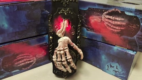 Halloween Spray Doorbell, Motion Sensor Animated Skeleton Hand with White Fog Scary Sound LED Red Light, Halloween Party Outdoor Decoration