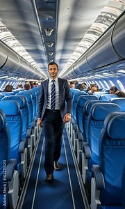 Interior of an aeroplane with people seated and a uniformed hostess serving them as she walks the aisle. Concept for commercial economy air services