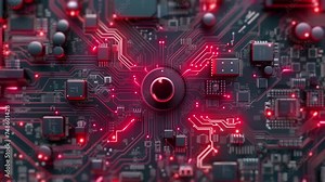 Futuristic AI advanced microprocessor data process motion. Motherboard digital network and computing development. Video loop animation background.