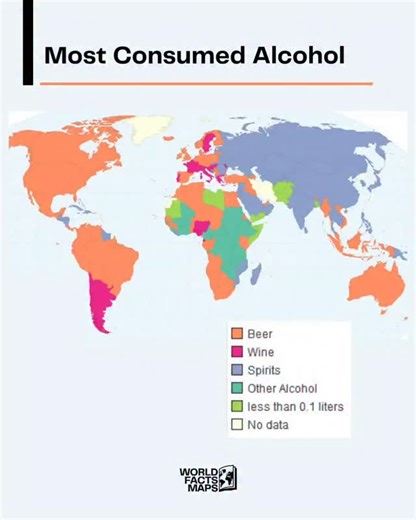 World Facts Maps on Instagram: "🍺🍷🥃 What’s the world drinking? This map shows the most consumed type of alcohol by country — beer dominates much of the world, but some regions clearly have their own preferences. 🌍 Which color is your country? --- Love this map? Follow @worldfactsmaps for daily maps 🗺️ Also, @chinafactsmaps for China maps 🇨🇳 @latamfactsmaps for LATAM maps 🌎"