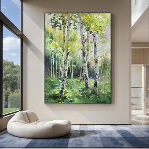 Green Birch Tree Texture Wall Art, Birch Tree Landscape Painting, Large Woodland Art, Modern Living Room Decor - Etsy
