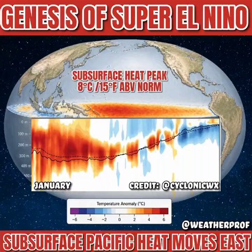 🚨 Genesis of a possible Super El Niño?One of the biggest reasons scientists expect this El Niño to rank among the strongest on record:🌊 Massive subsurface heat buildup.A huge reservoir of unusually warm water — stronger than almost anything typically observed in spring — is racing eastward from the deep western tropical Pacific toward the eastern Pacific.That heat is now rising to the surface… rapidly warming the core El Niño region.This is classic El Niño formation — but on steroids.Why it ma