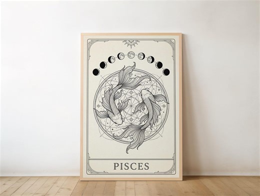 Pisces Zodiac Wall Art Printable, Pisces Astrology Poster, Moon Phase Decor, Vintage Zodiac Art, Digital Download - Etsy