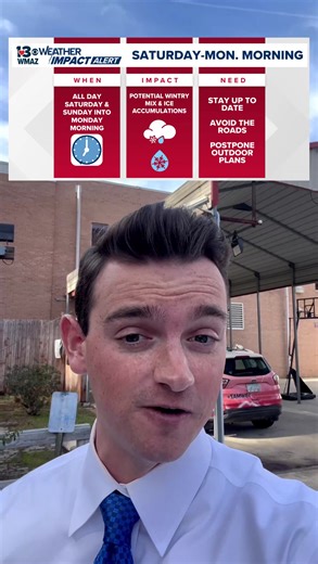 WEATHER IMPACT ALERT | A potential for icy conditions in Central Georgia this weekend has caused 13WMAZ to issue a Weather Impact Alert. Meteorologist Alex Pry explains what you need to know. FULL FORECAST: https://www.13wmaz.com/article/weather/weather-impact/weather-impact-alert-potential-wintry-mix-central-georgia-icy-road-conditions/93-97dcd974-4e3d-4a14-9787-bb224698f64e?utm_medium=social&utm_source=facebook_13_WMAZ | 13 WMAZ