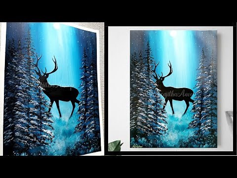 How to paint deer | misty Forest | Moon Light Night painting | Acrylic Painting on Canvas Tutorial