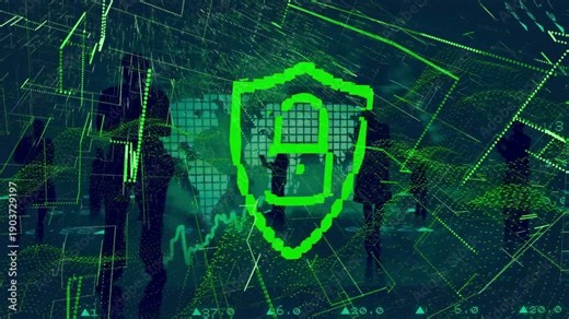 Shield outline appearing, neon shield pulsing and morphing into padlock to secure network data