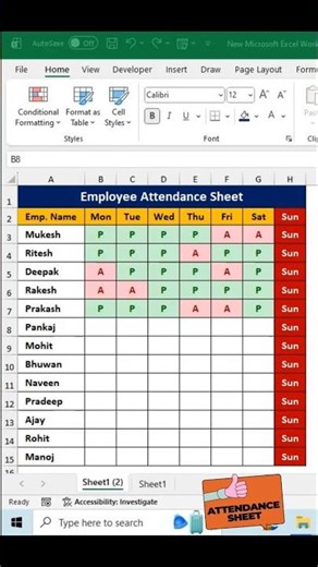 Attendance Sheet in Excel. #excel