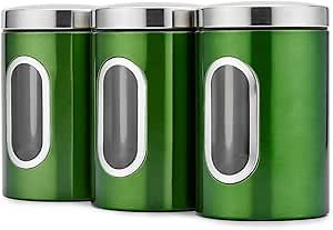 Stainless Steel 3PC Kitchen Canister Sugar Food Tea Coffee Candy Storage Containers with Transparent Windows (Green)
