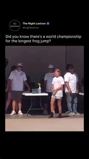The Night Lexicon on Instagram: "Did you know there’s a world championship for the longest frog jump? 🐸📏 There’s a legendary frog-jumping competition that’s been held in California since 1928, inspired by a Mark Twain story and hosted every year in the town of Angels Camp during the Calaveras County Fair. The rules are simple but intense: each frog gets three jumps, and the winner is the one who covers the greatest total distance. In 1986, a frog named Rosie made history with a massive jump of