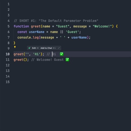 Fullstack Flow on Instagram: "Default parameters vs OR operator - know the difference! 🐛 Old way fails with falsy values ❌ ES6 default parameters = perfect solution ✅ #JavaScript #ES6 #WebDev #CodingTips #Programming"