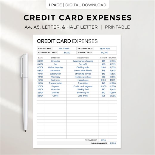 Credit Card Expenses Tracker: Track Credit Card Spending Printable, A4/a5/letter/half Letter, Credit Card Log PDF, Finance Planner - Etsy