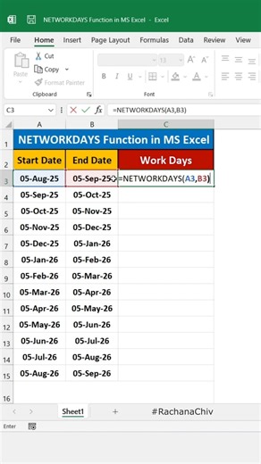 NETWORKDAYS Function in MS Excel || Excel Tips & Trick || #excel #short #excelbasic