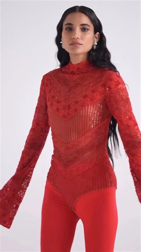Embroidered Lace Bodysuit in Red | Couture Craftsmanship Unveiled