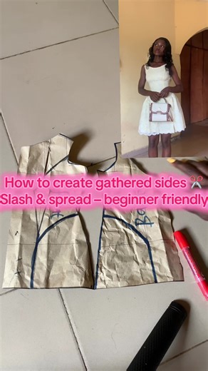 Here’s how I create gathered sides using the slash & spread method ✂️ Simple, neat, and beginner friendly. Save this & follow for more sewing tutorials ✨ #SewingTutorial #BeginnerSewing #PatternDrafting #DressMaking #SlashAndSpread