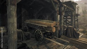 An old wooden building with a wooden wagon in front of it