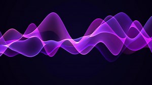 Abstract purple digital waves with light reflections on dark background. Purple cinematic intro animation. Shiny particle waves smoothly moving with soft bokeh effect. Technology, space, ai.