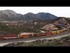 Over 2 mile long BNSF Stacktrain climbing Cajon Pass, 3x2x2- Full Length Video