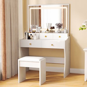 COMHOMA White Vanity Desk with Mirror and Lights, Vanity Table and Chair Set with 5 Drawers and Charging Station