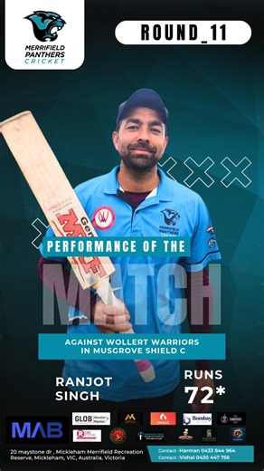 🔥 𝐏𝐄𝐑𝐅𝐎𝐑𝐌𝐀𝐍𝐂𝐄 𝐎𝐅 𝐓𝐇𝐄 𝐌𝐀𝐓𝐂𝐇 – 𝐑𝐎𝐔𝐍𝐃 𝟏𝟏 🔥 What a knock! 👏 🏏 𝐑𝐚𝐧𝐣𝐨𝐭 𝐒𝐢𝐧𝐠𝐡 smashes 72* and leads Merrifield Panthers with pure class and confidence 💙🐆 Against Wollert Warriors at Musgrove Shield C This is how champions rise 💪 📧 merrifieldpantherscricket@gmail.com 🌐 merrifieldpanthers.com.au 👉 Like ❤️ | Comment 💬 | Share 🔁 👉 Follow @MerrifieldPanthersCricket for more match updates & player highlights #PerformanceOfTheMatch #MerrifieldPanthers #Crick