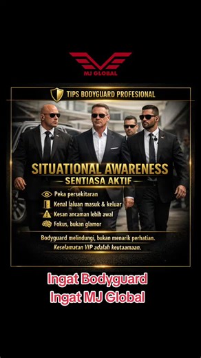 🛡️ TIPS BODYGUARD PROFESIONAL SITUATIONAL AWARENESS SENTIASA AKTIF 👁️ Peka persekitaran 🚪 Kenal laluan masuk & keluar ⚠️ Kesan ancaman lebih awal 🧠 Fokus, bukan glamor Bodyguard melindungi, bukan menarik perhatian. Keselamatan VIP adalah keutamaan. #trainedbyMBO #mjglobal #bodyguardmalaysia #bodyguardbertauliah