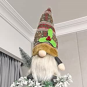 Gnome Christmas Tree Topper with Lights, 12 inch Plaid Hat Tomte Gnome, Christmas Ornaments Santa Gnomes Plush, Home Decoration, Lighted Elf Xmas Tree Ornament for Indoor Table Bedroom Holiday Party