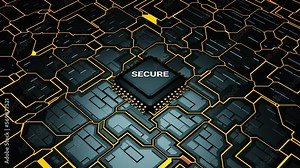 Secure text on motherboard chip animation, 3D glowing electronic circuit board with secure text placing on microprocessor, Artificial intelligence, Big data processing, Machine learning, 3D Render