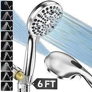 High-Pressure 9-Setting Handheld Shower Head Set- Extra Long 6 ft Durable & Flexible Stainless Steel Hose - Adjustable Brass Bracket | Anti-Clog Nozzles| Enjoy Spa Experience Shower Chrome