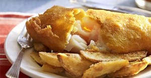 Golden beer-battered fish with chips