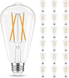 Edison Bulbs 60 watt Equivalent LED, E26 Bulb Non-Dimmable, Soft White 2700K, ST58 Vintage Light Bulbs, 90+ CRI, 6W 600LM, E26 Medium Base, Clear Glass, 18 Pack