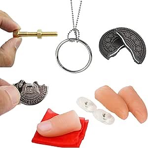 Neliky Magic Tricks Kit Including 6 Classic Tricks - Bite Coin, Color Change Silk, Disappearing Silk Fake Thumb,Magic Ring Chains,Magic Light Up Finger Thumb, Autorotation Rotating Nut