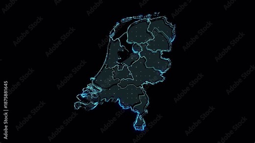 Digital Map of the Netherlands with Glowing Borders and Provinces.