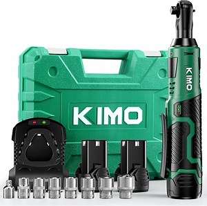 KIMO Cordless Electric Ratchet Wrench Set, 40 Ft-lbs, 400 RPM, 12V Cordless Ratchet Wrench 3/8" w/ 60-Min Charger, 7 Sockets, 1/4" adapter, 2-Pack 2000mAh Lithium-Ion Batteries, Variable Speed Trigge
