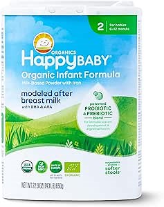 Happy Baby Organics Stage 2 Infant Formula, 6 12 Months, Milk Based Organic Baby Formula Powder with Iron, Probiotics & Prebiotics for Immune & Digestive Support, 22.9 Ounce (Pack of 1)