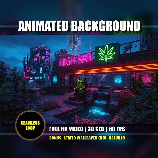 Weed Rooftop Lounge Animated Background, Cannabis Cyberpunk Cityscape, Marijuana Night Bar Live Wallpaper Overlay | Vtuber Twitch Youtube - Etsy