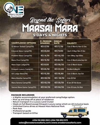 This is Beyond the Safari... A 5 Days 4 Nights Masaimara package at the camp of your choice from these options: ●Ol Moran Tented Camp(FB) ●Enkorok Mara Camp(FB) ●Prideinn Mara Camp(FB) ●Mara Chui Camp(FB) ●Mara Sopa Lodge(FB) ●Emayain Luxury Camp(AI) ●AA Lodge Mara(FB) ●Mara Maisha Camp(FB) ●Mara Serena Camp(FB) ●Sarova Mara Game Camp(FB) PACKAGE INCLUSIONS This package is inclusive of: ■4 Nights accommodation at your preferred camp/lodge option. ■Pick up and drop off at place of residence. ■Ret