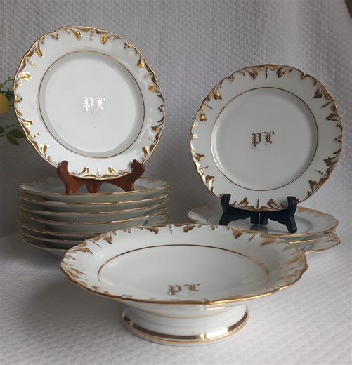 19th Century French Porcelain Dinnerware Set, Monogram Gold Rim, Antique Paris Style, 12 Plates with Compote Tier