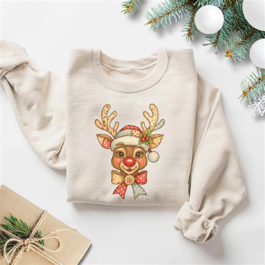 Patchwork Reindeer Sweatshirt | Cute Christmas Crewneck | Vintage Holiday Reindeer Shirt | Cozy Winter Pullover | Xmas Gift for Her Him - Etsy