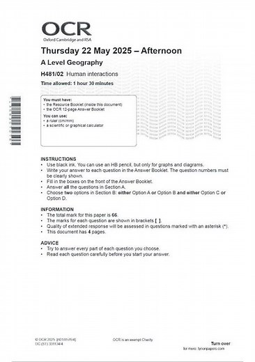 OCR A LEVEL Geography H481/02 JUNE 2025 QUESTION PAPER AND MARK SCHEME