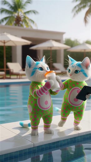 🐱💦 Cute Kittens First Swim! | Poolside Fun & Float Adventure 😻🌴#cat #cute #funnycat #shorts