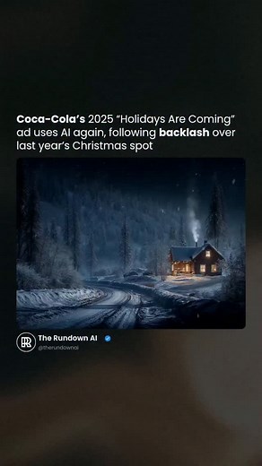 Coca-Cola launched its 2025 holiday campaign featuring AI-generated versions of its iconic "Holidays Are Coming" commercials, one year after its first AI attempt sparked backlash from creatives over the tech's impact on artists. The comapny partnered with AI studios Silverside and Secret Level to produce new spots that swap last year’s unsettling human characters for animals. The beverage giant reduced production from roughly 12 months to 30 days, with one studio requiring just five specialists 