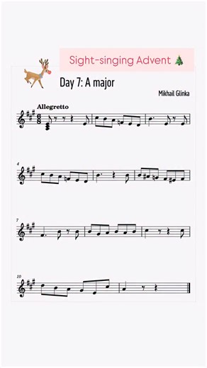 Olga | Music theory coach on Instagram: "🎄Christmas Advent challenge: 24 days, 24 keys - one exercise each day. A daily dose of solfeggio to wake up your sight-singing skills. Day 7: A major All excerpts come from real classical music, so expect real-life challenges: accidentals, awkward leaps, tricky rhythms. If you want the full Advent pack when it’s ready, comment SOLFA to join the waitlist. #eartraining #solfeggio #sightsinging"