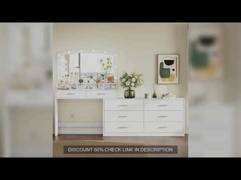 Vanity Desk with Large Mirror and 3-Color Lights, Makeup Vanity with 8 Drawers & Open Shelf, Side Ca