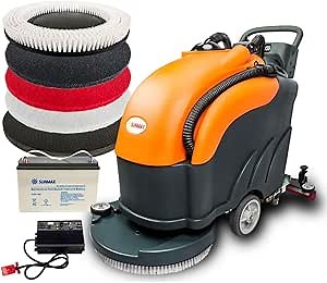SUNMAX Walk-behind Floor Scrubber Dryer with 22" Scrub Path, 14.5-Gal Recovery Tank, Includes Heavy Duty Brush, Red, Black and White Pads, 30000 Sqft/h