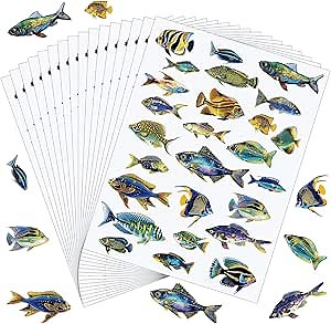 Geyee 20 Sheets Fish Stickers, 520 Pcs Realistic Freshwater Fish Stickers Bulk Vbs Cool Fishing Decals Waterproof Small Decal for Scrapbooking Water Bottle Envelopes Laptop DIY Craft(Cool)