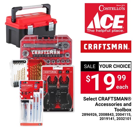 Gear Up with Craftsman®! ️ Your choice of select Craftsman® accessories and toolboxes for just $19.99 each at Costello’s Ace Hardware! Perfect for DIY projects, home repairs, or organizing your tools. Hurry in and grab yours today! #CostellosAceHardware #CraftsmanTools #ToolDeals #DIYProjects #HomeImprovement #AceDeals | Costello's Ace Hardware of La Plata | Facebook