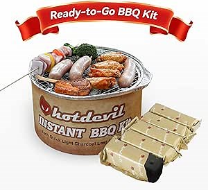 Hotdevil Portable Disposable Charcoal Grill Kit Ready-To-Go 1-3 person Camping BBQ Bundle with Instant Hardwood Lump Charcoals Disposal Venture Steak Grilling for Outdoor Barbecue Party Travel Picnic…