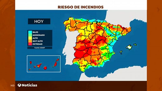 Mapa de riesgo de incendios en Ávila, Galicia, Badajoz, Canarias y el resto de España